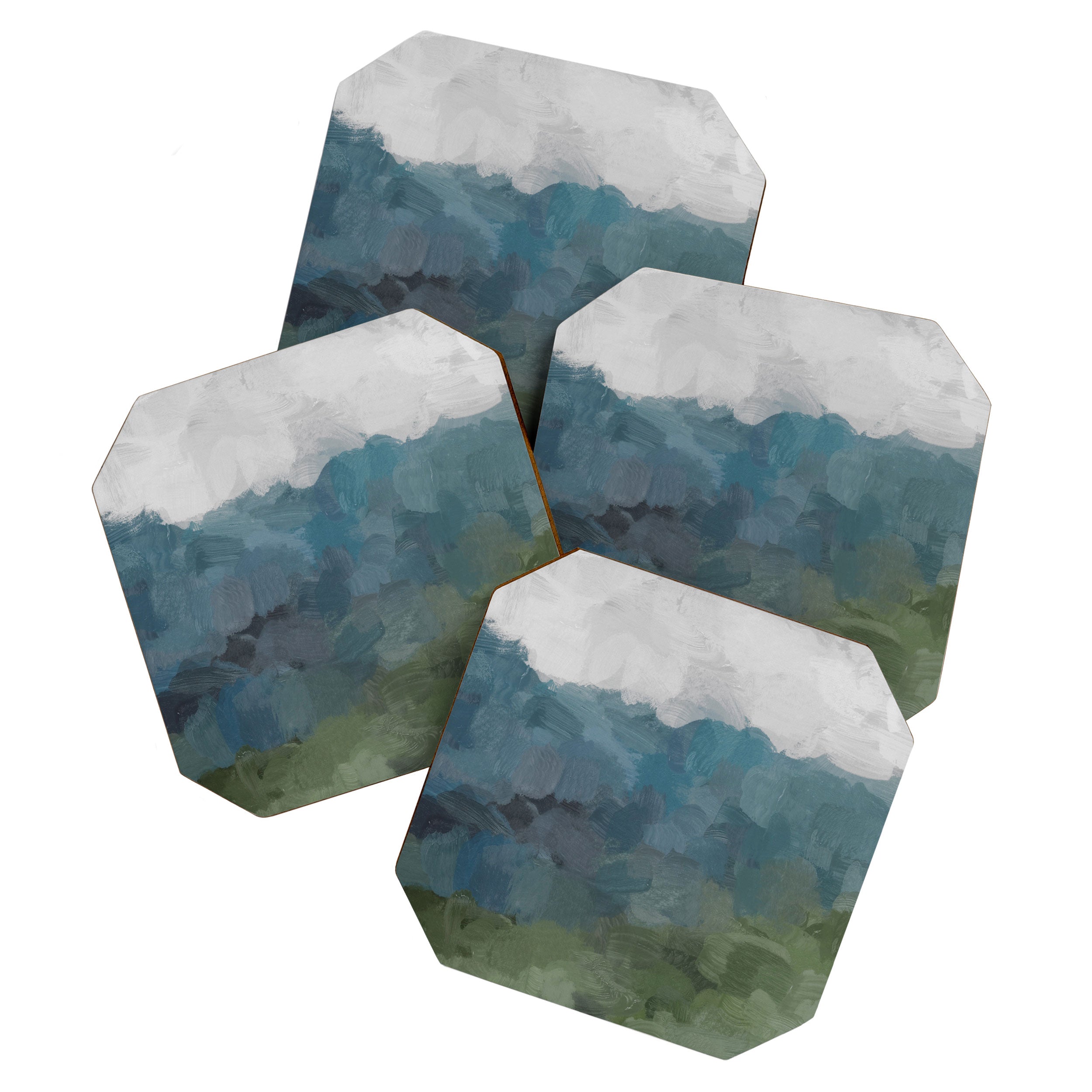 Journey Into the Mountains - Gray Blue Navy Indigo Sage Leafy Green Sky Forest Abstract Painting, Coaster Gallery Image 1