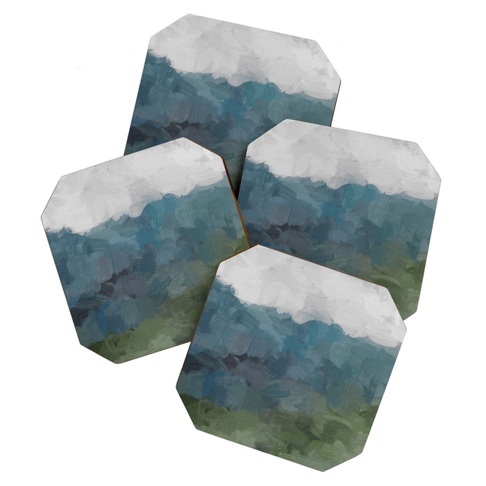 Journey Into the Mountains - Gray Blue Navy Indigo Sage Leafy Green Sky Forest Abstract Painting, Coaster Gallery Image 1