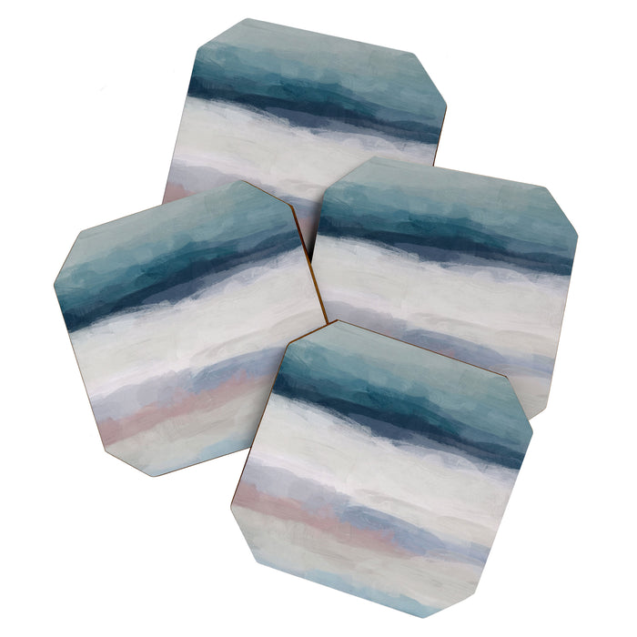 Lullaby Waves III - Dark Teal Blue White Pink Light Blue Modern Art, Ocean Waves Nursery Beach Coaster Gallery Image 1