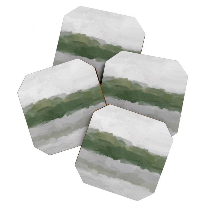 Marsh Clouds - Green Grass Moss Nature Gray Cloudy Horizon Abstract Painting Art Print Wall Decor  Coaster Gallery Image 1