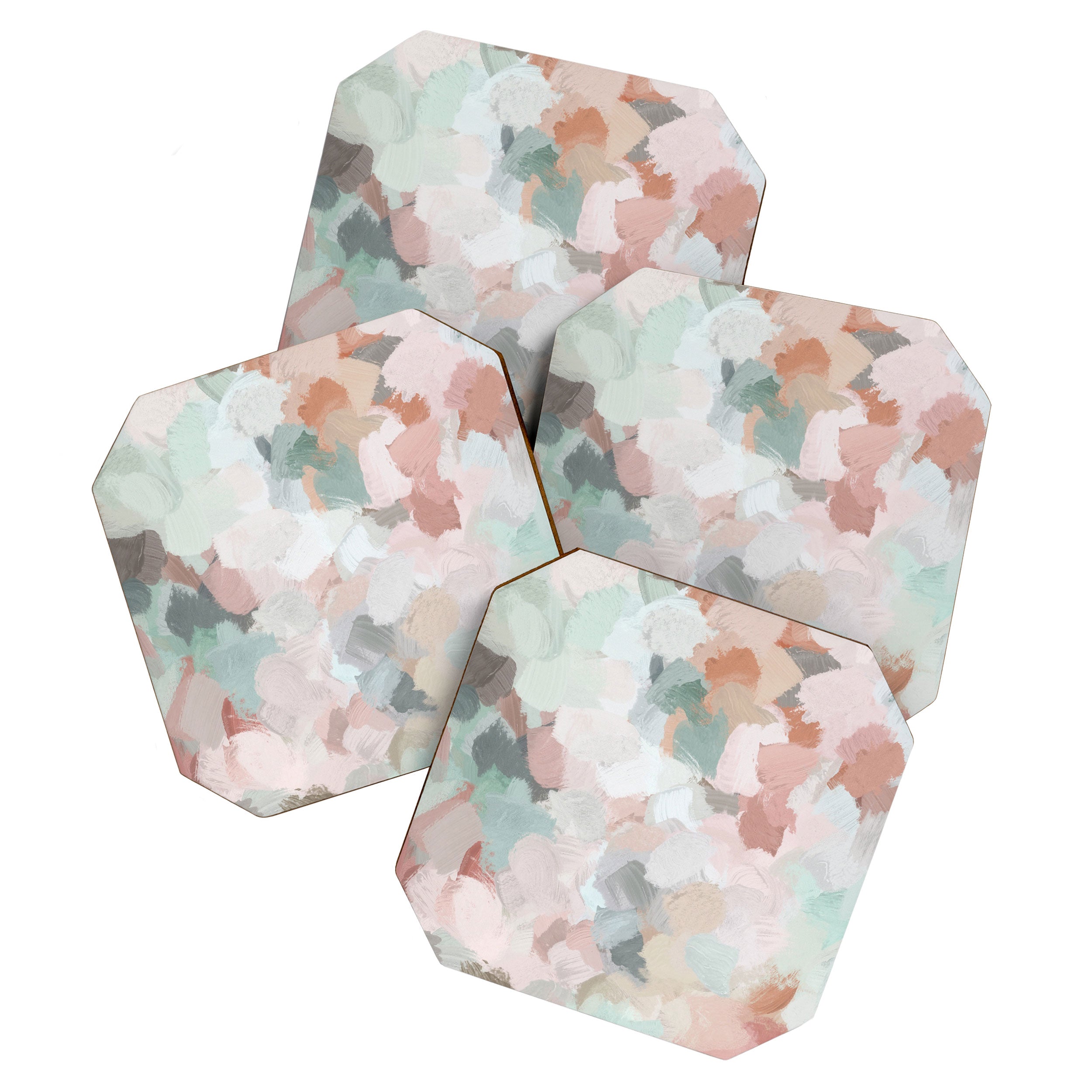 Minty Kisses - Blush Pink Mint Green Blue Coral Peach Abstract Flower Wall Art Springtime Painting Coaster Gallery Image 1