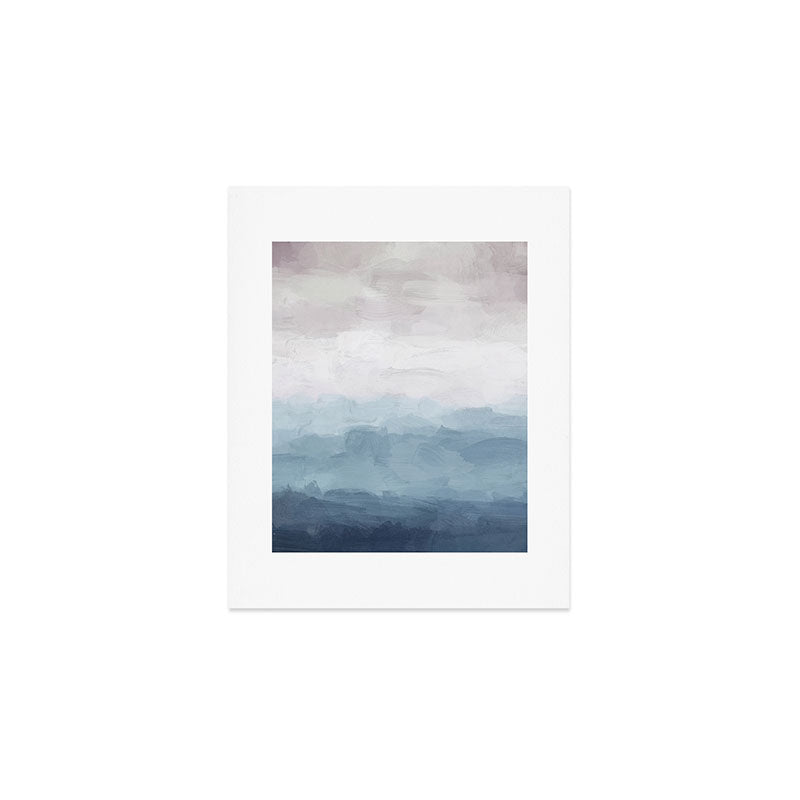 Misty Evening - White, Mauve, Navy Soft Blue Print Modern Wall Art Abstract Painting, Ocean Clouds Art Print Gallery Image 1