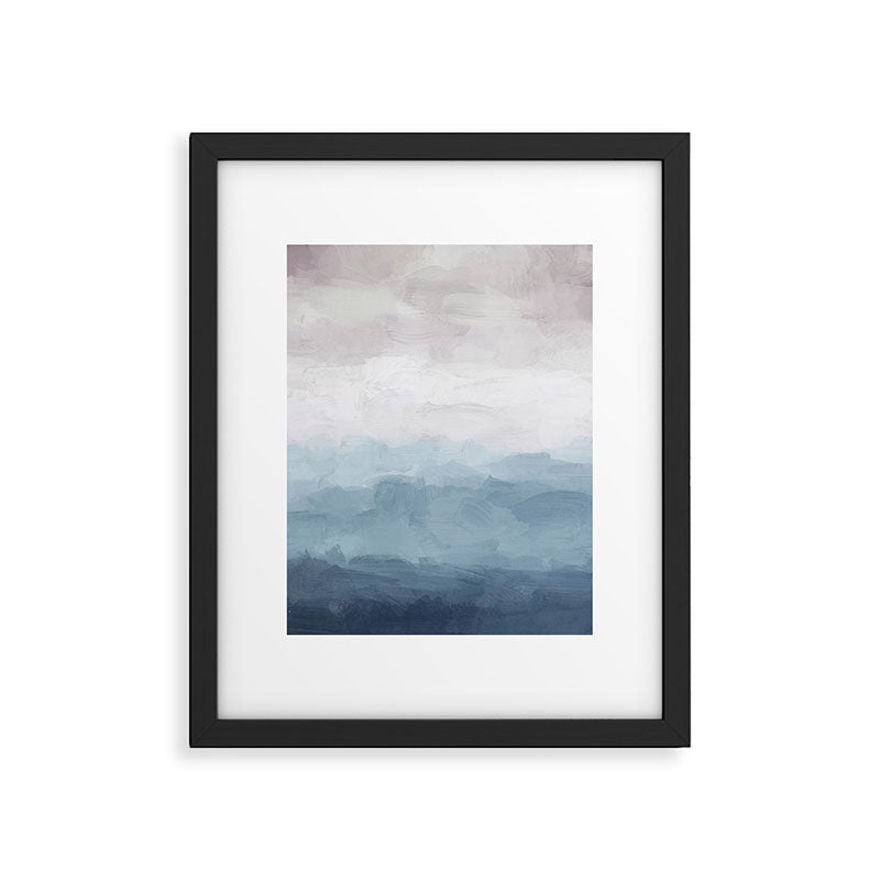 Misty Evening - White, Mauve, Navy Soft Blue Print Modern Wall Art Abstract Painting, Ocean Clouds Framed Art Print Gallery Image 4