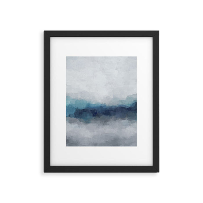 Rainy Morning - Indigo Navy Ocean Horizon, Sky Gray Blue Abstract Nature Ocean Cloudy Sunrise Water Framed Art Print Gallery Image 1