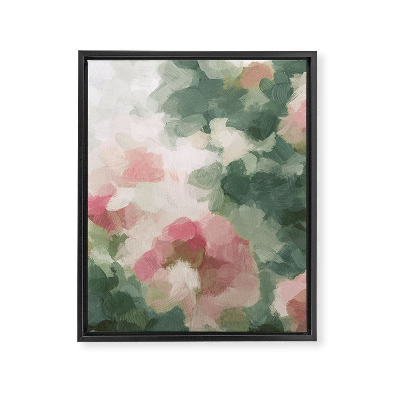 Rose Garden - Forest Sage Green Fuchsia Pink Floral Rose Garden Abstract Flower Painting Art Print Framed Canvas Print Gallery Image 6