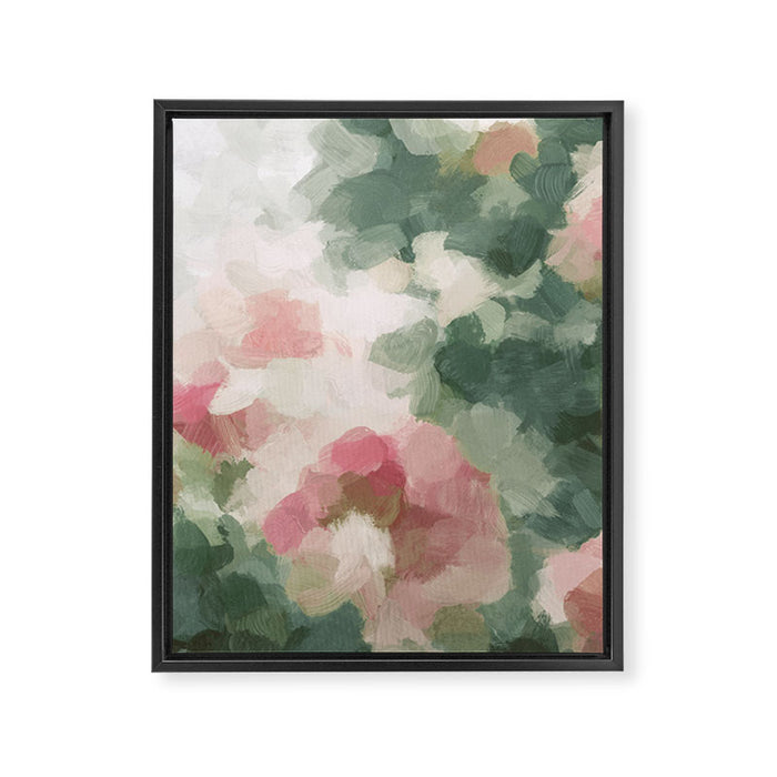 Rose Garden - Forest Sage Green Fuchsia Pink Floral Rose Garden Abstract Flower Painting Art Print Framed Canvas Print Gallery Image 1