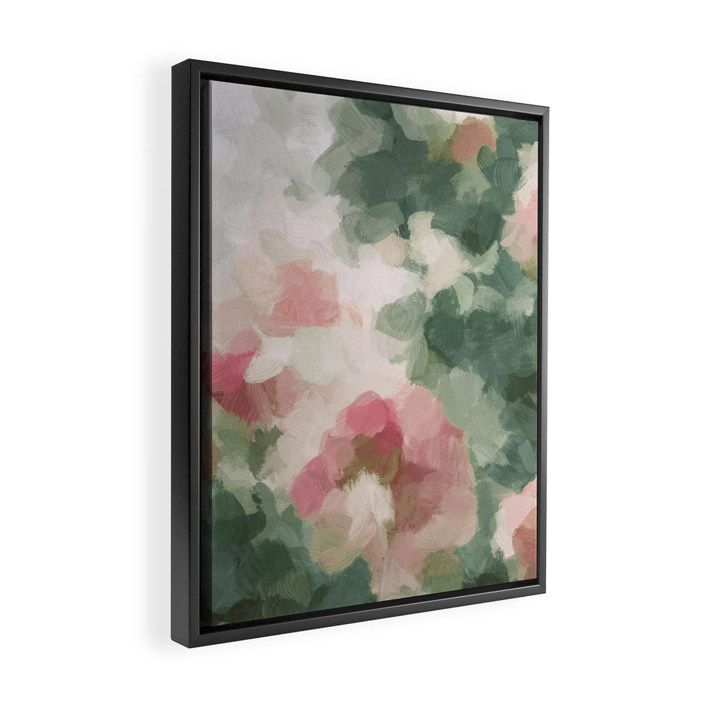 Rose Garden - Forest Sage Green Fuchsia Pink Floral Rose Garden Abstract Flower Painting Art Print Framed Canvas Print Gallery Image 2