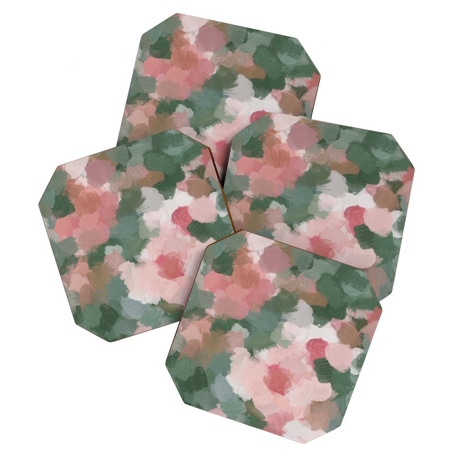 Rosy Radiance - Light Pink Rose Flower Forest Sage Green Leaf Garden Abstract Nature Painting Art Coaster Gallery Image 1