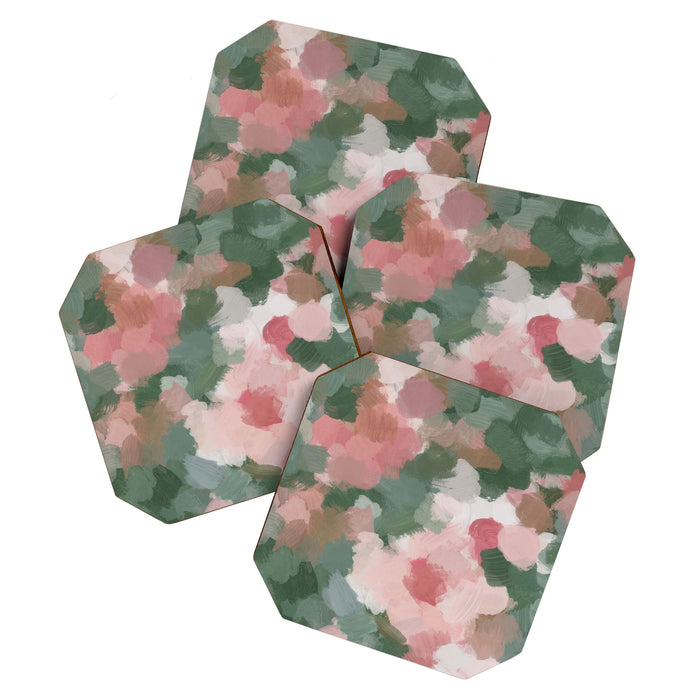 Rosy Radiance - Light Pink Rose Flower Forest Sage Green Leaf Garden Abstract Nature Painting Art Coaster Gallery Image 1