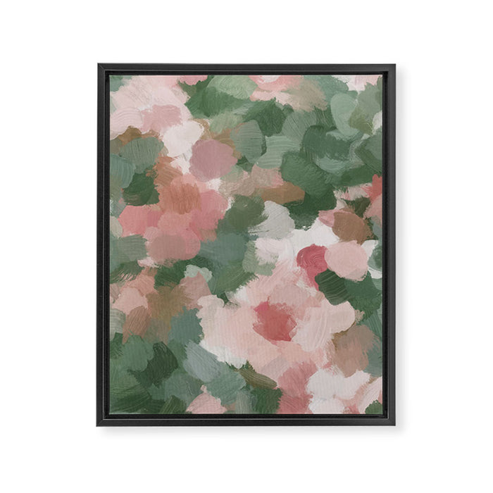 Rosy Radiance - Light Pink Rose Flower Forest Sage Green Leaf Garden Abstract Nature Painting Art Framed Canvas Print Gallery Image 1