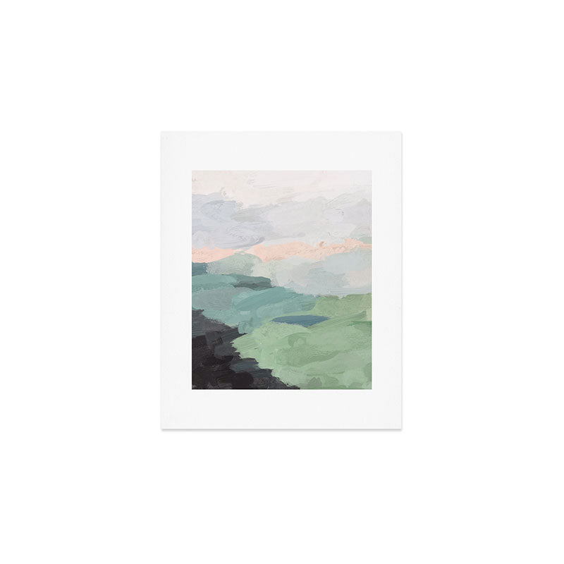 Farmland Sunset II - Seafoam Green Mint Black Blush Pink Abstract Nature Land Art Painting Art Print Gallery Image 1