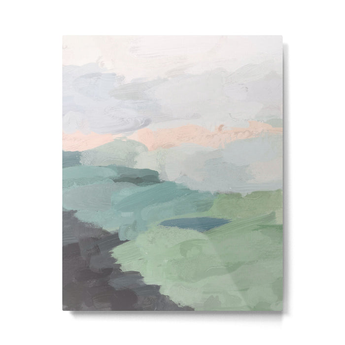 Farmland Sunset II - Seafoam Green Mint Black Blush Pink Abstract Nature Land Art Painting Metal Print Gallery Image 1