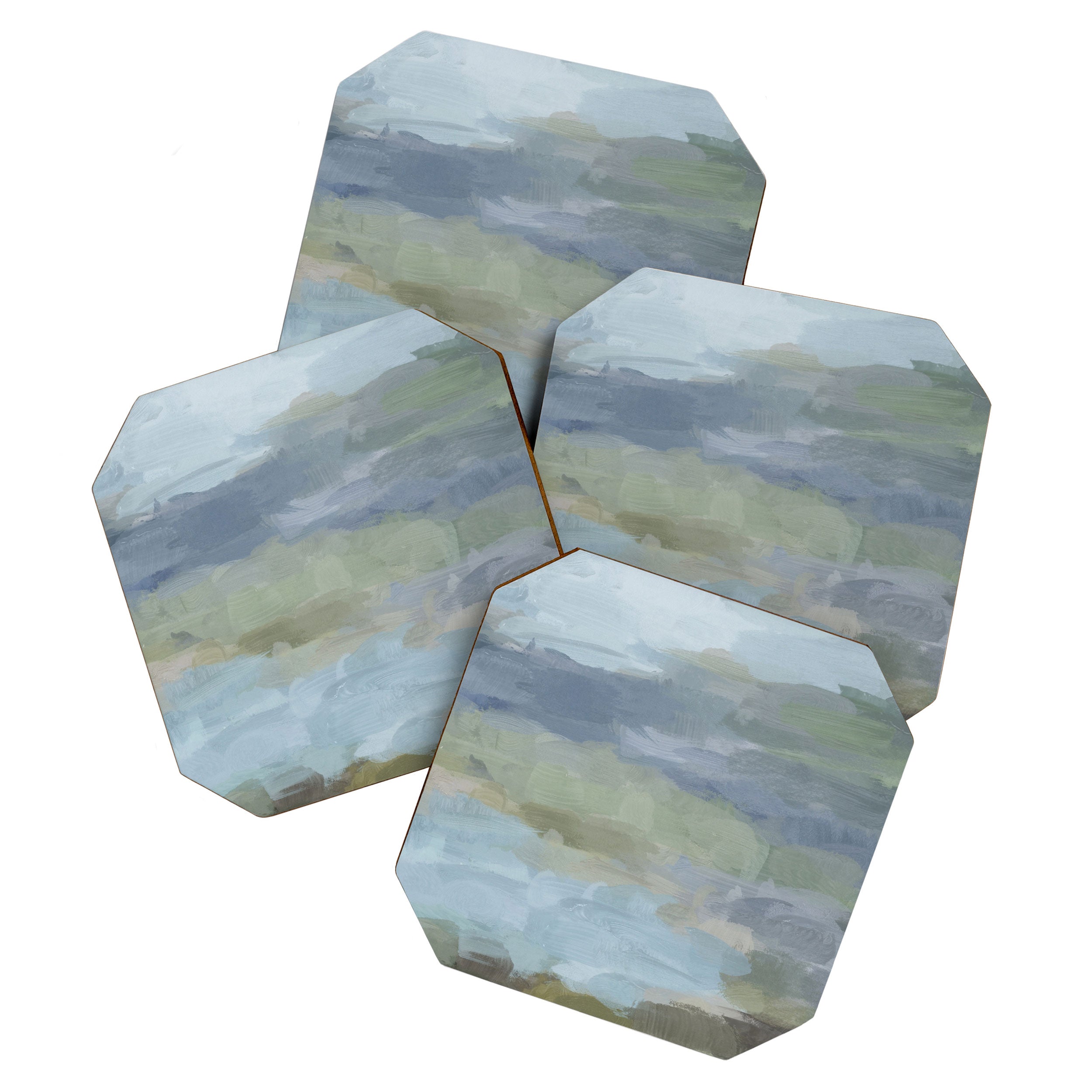 Summer at the Lake II - Sky Gray Blue Sage Green Abstract Wall Art, Painting Nature Print Portrait Coaster Gallery Image 1
