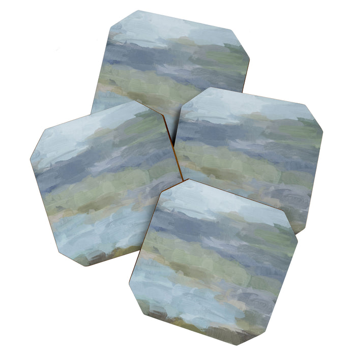Summer at the Lake II - Sky Gray Blue Sage Green Abstract Wall Art, Painting Nature Print Portrait Coaster Gallery Image 1