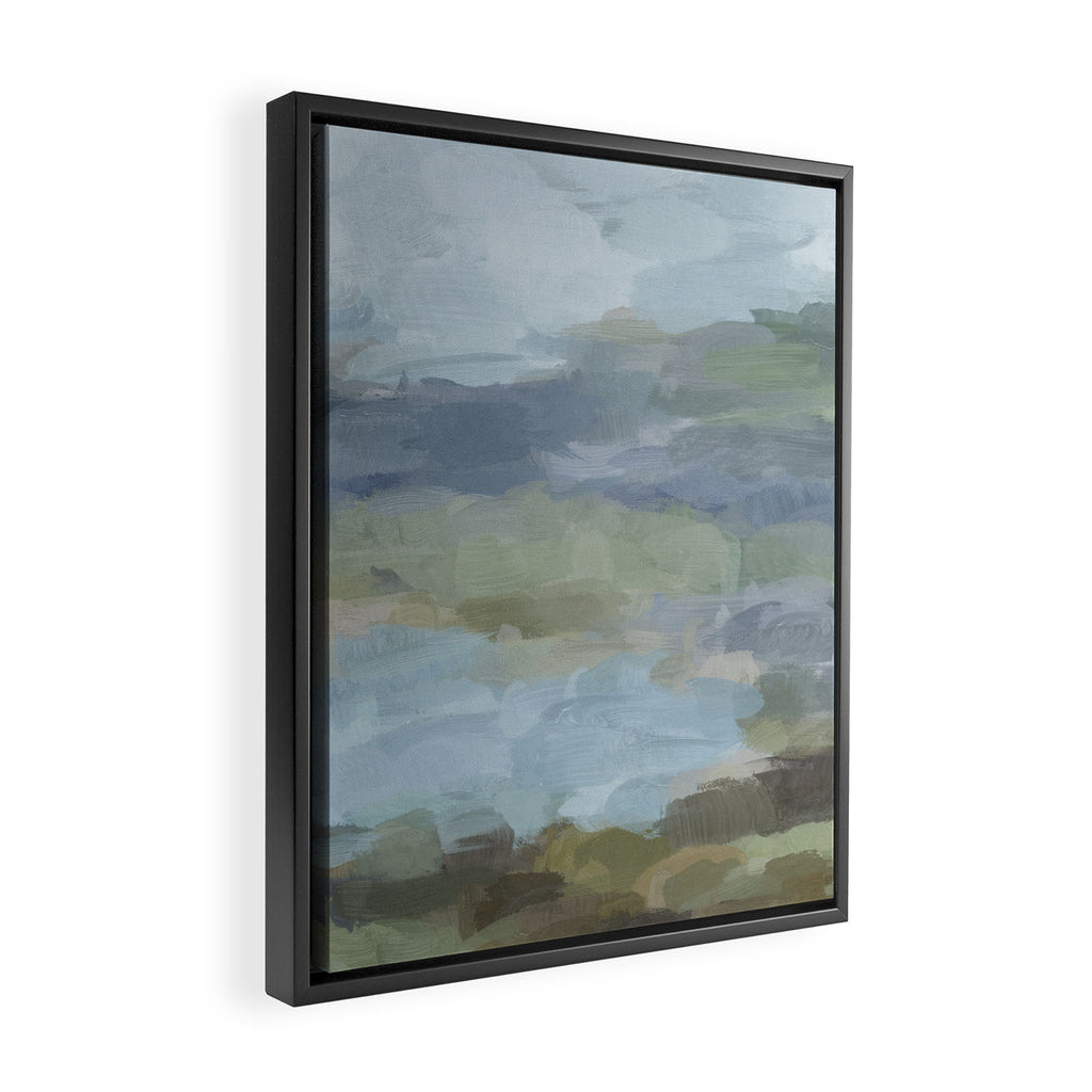 Summer at the Lake II - Sky Gray Blue Sage Green Abstract Wall Art, Painting Nature Print Portrait Framed Canvas Print Gallery Image 2