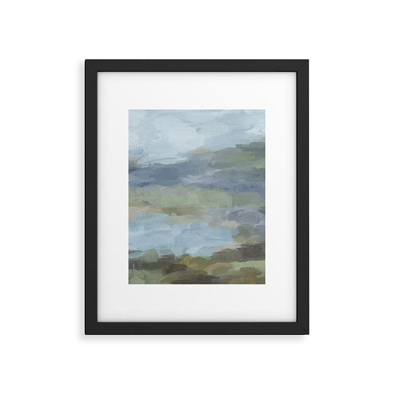 Summer at the Lake II - Sky Gray Blue Sage Green Abstract Wall Art, Painting Nature Print Portrait Framed Art Print