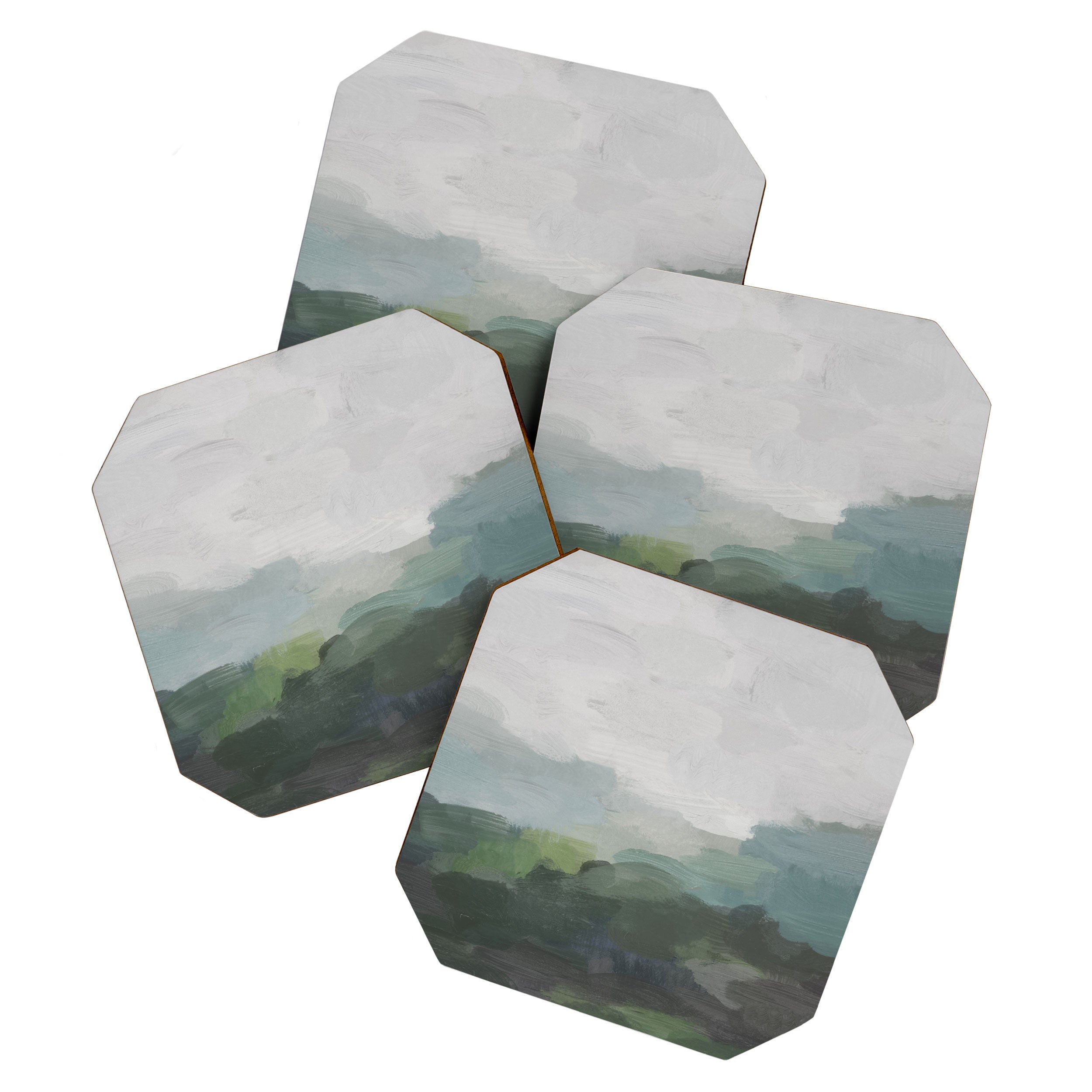 Temple of Flora - Dark Green Seafoam Teal Valley Horizon Gray Cloudy Skies Abstract Nature Painting Coaster Gallery Image 1