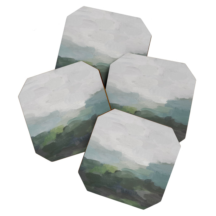 Temple of Flora - Dark Green Seafoam Teal Valley Horizon Gray Cloudy Skies Abstract Nature Painting Coaster Gallery Image 1