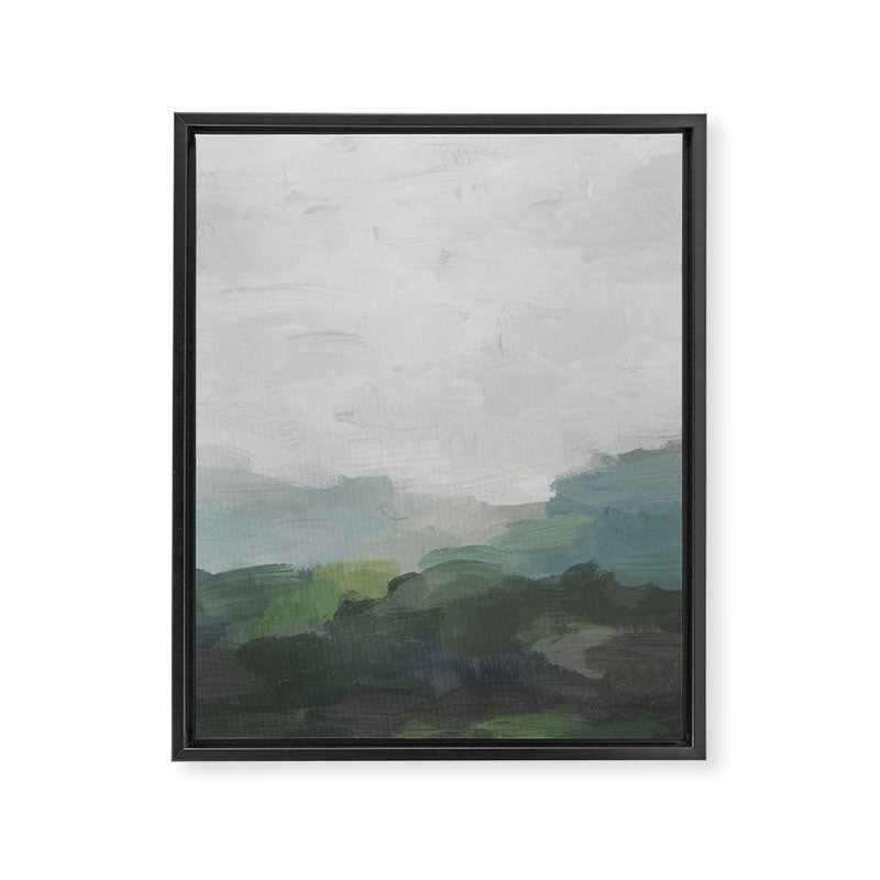 Temple of Flora - Dark Green Seafoam Teal Valley Horizon Gray Cloudy Skies Abstract Nature Painting Framed Canvas Print Gallery Image 6