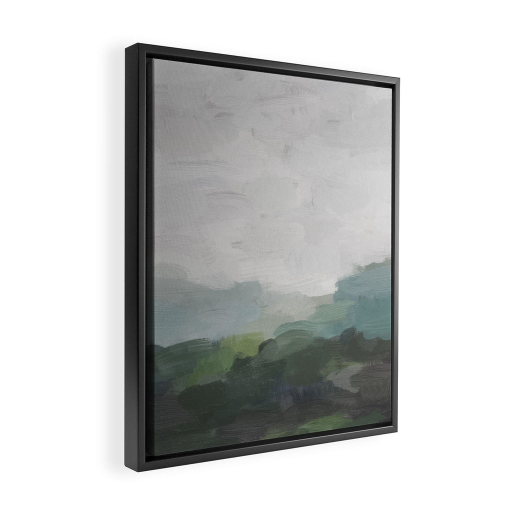 Temple of Flora - Dark Green Seafoam Teal Valley Horizon Gray Cloudy Skies Abstract Nature Painting Framed Canvas Print Gallery Image 2