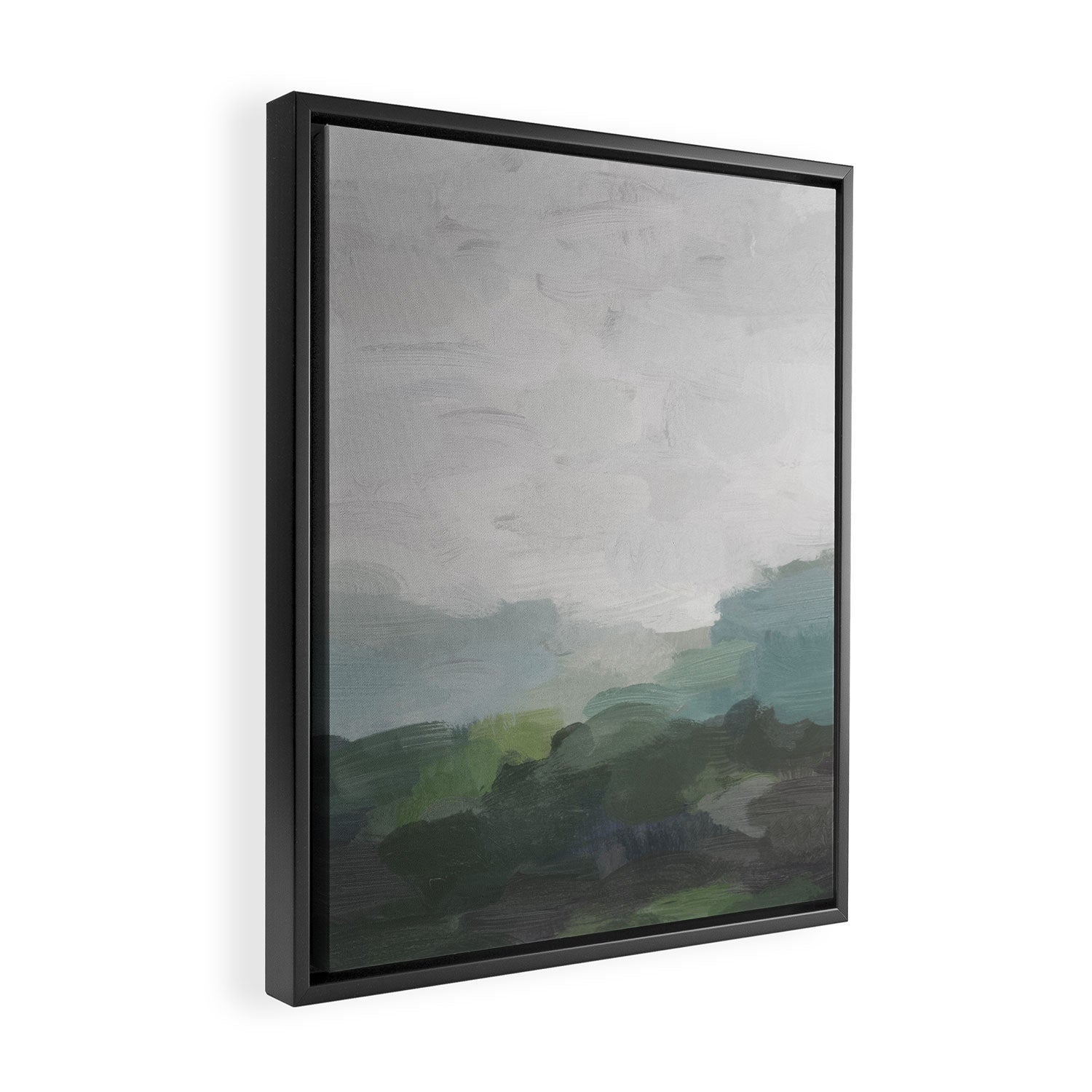 Temple of Flora - Dark Green Seafoam Teal Valley Horizon Gray Cloudy Skies Abstract Nature Painting Framed Canvas Print Gallery Image 2