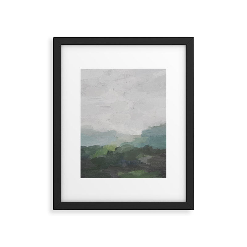 Temple of Flora - Dark Green Seafoam Teal Valley Horizon Gray Cloudy Skies Abstract Nature Painting Framed Art Print Gallery Image 5