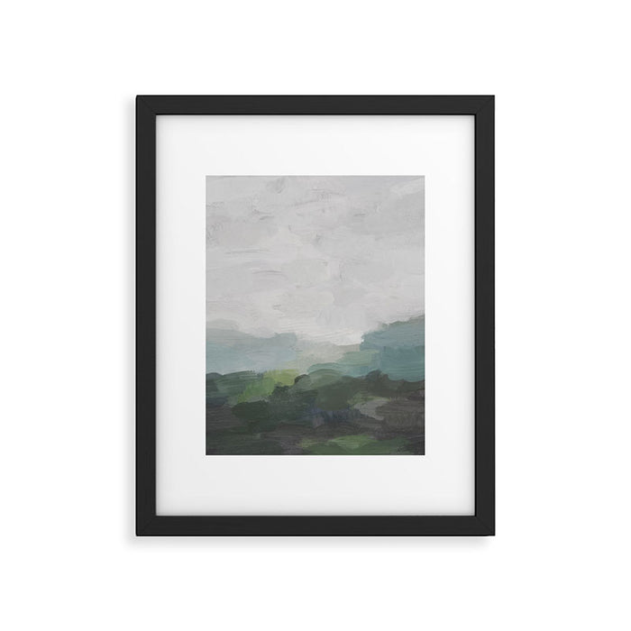 Temple of Flora - Dark Green Seafoam Teal Valley Horizon Gray Cloudy Skies Abstract Nature Painting Framed Art Print Gallery Image 1