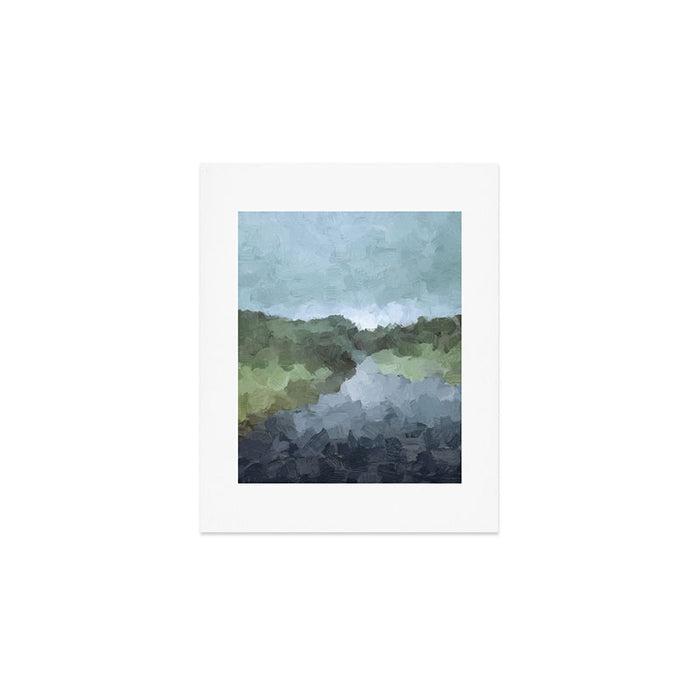 Trail at Dusk - Seafoam Skies Forest Green Navy Indigo River Abstract Nature Painting Art Print Art Print Gallery Image 1