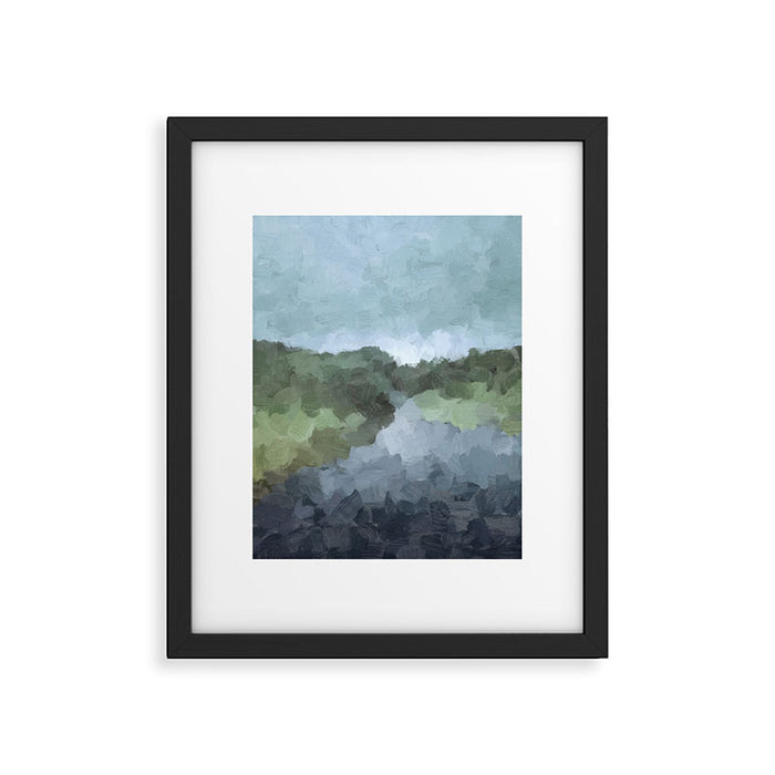 Trail at Dusk - Seafoam Skies Forest Green Navy Indigo River Abstract Nature Painting Art Print Framed Art Print Gallery Image 1