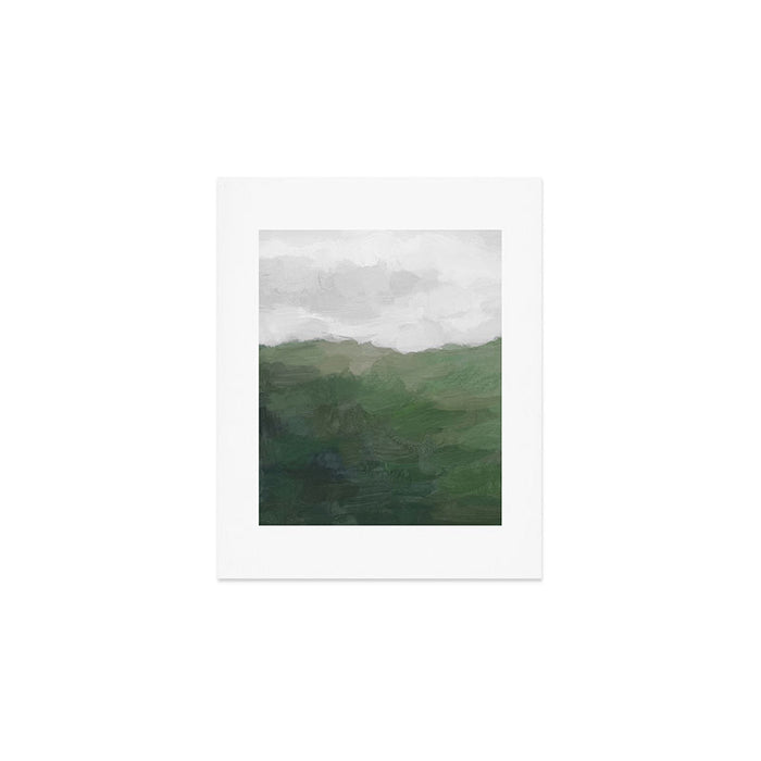 Valleys Beyond - Green Grass Hills Nature Pasture Gray Sky Clouds Abstract Nature Farmhouse Painting Art Print Gallery Image 1