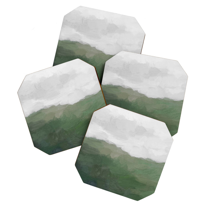Valleys Beyond - Green Grass Hills Nature Pasture Gray Sky Clouds Abstract Nature Farmhouse Painting Coaster Gallery Image 1