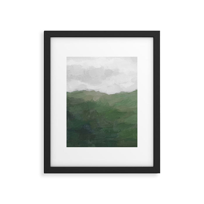 Valleys Beyond - Green Grass Hills Nature Pasture Gray Sky Clouds Abstract Nature Farmhouse Painting Framed Art Print Gallery Image 1
