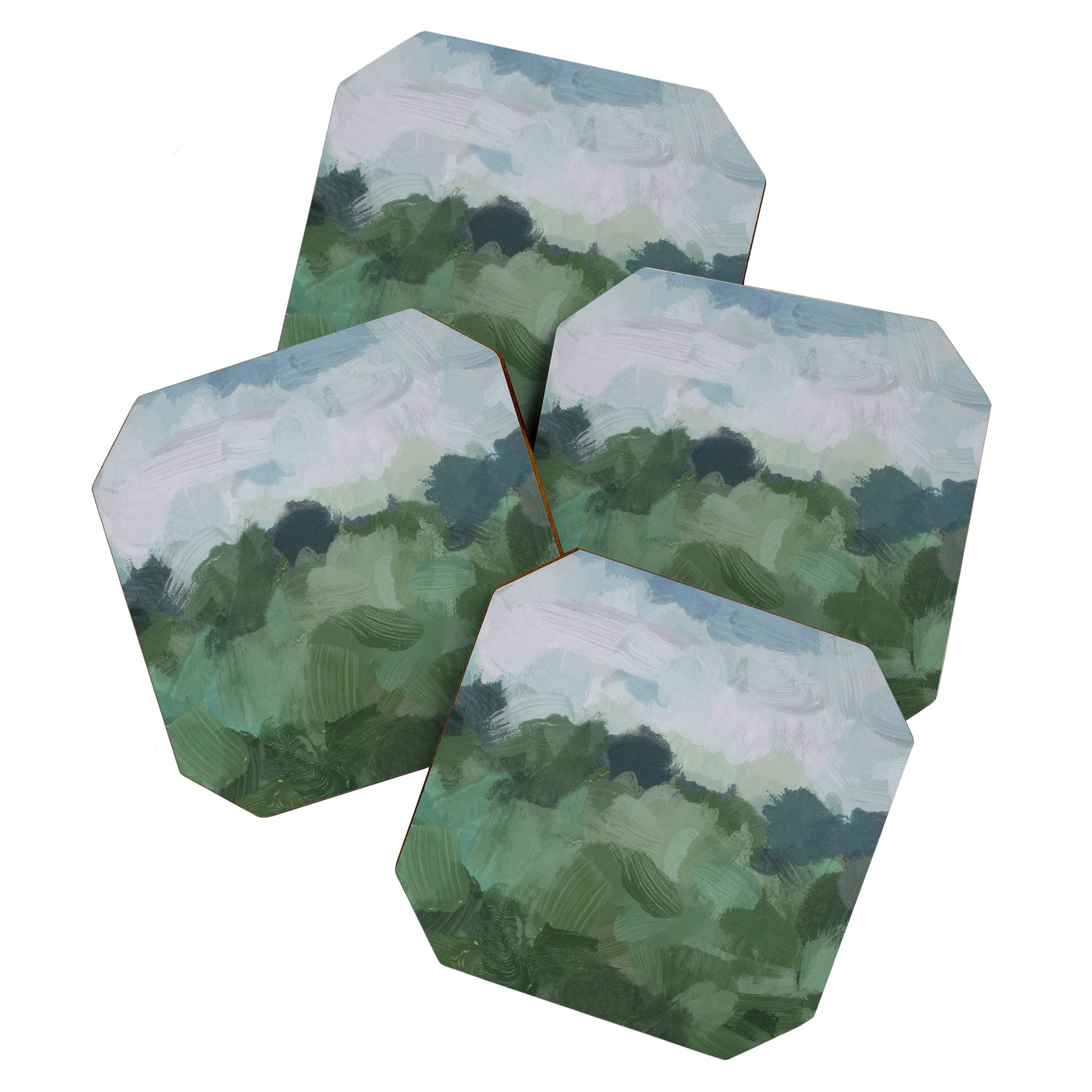 Windy Day on the Farm - Sky Blue and Sage Green Abstract Painting, Modern Rural Country Rustic Coaster Gallery Image 1
