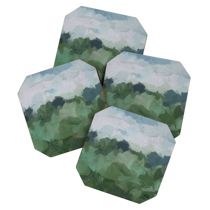 Windy Day on the Farm - Sky Blue and Sage Green Abstract Painting, Modern Rural Country Rustic Coaster Gallery Image 1