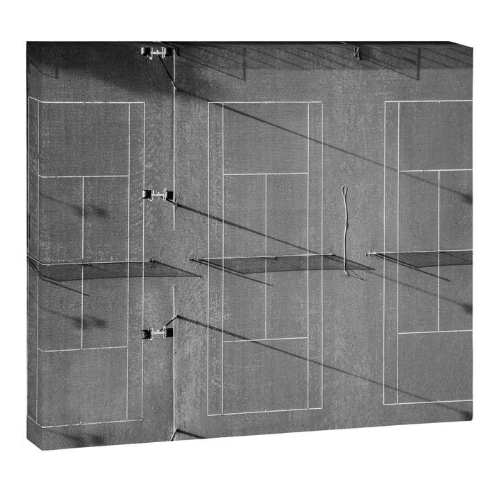 Grey tennis court at sunrise | black and white drone aerial photography art | sports field print Canvas Print Gallery Image 1