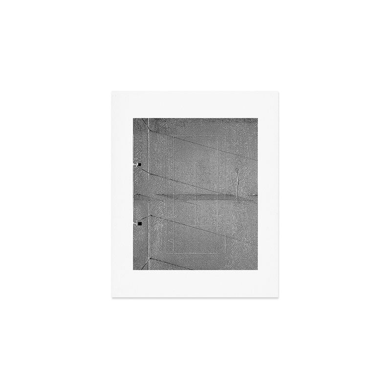 Grey tennis court at sunrise | Black and white drone aerial photography art | sports field print Art Print Gallery Image 1