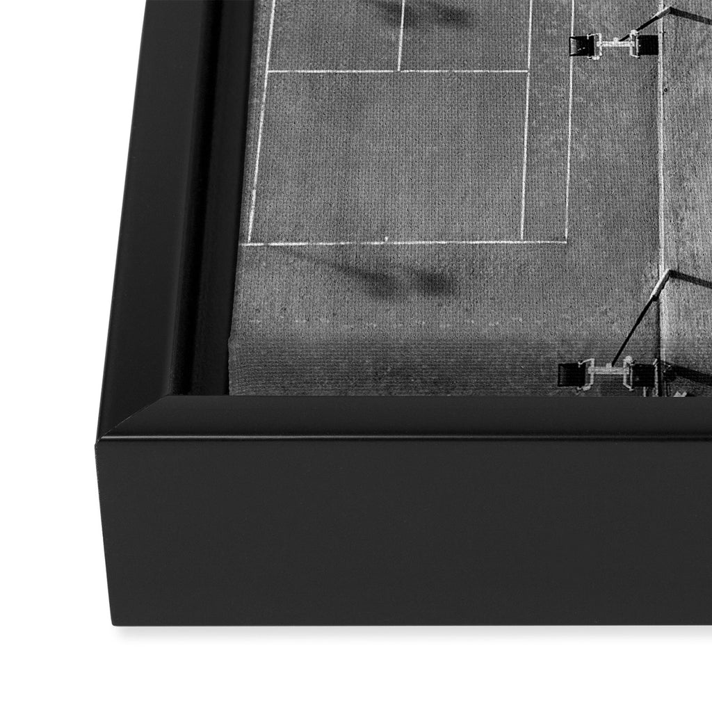 Grey tennis court at sunrise | black and white drone aerial photography art | sports field print Framed Canvas Print Gallery Image 3