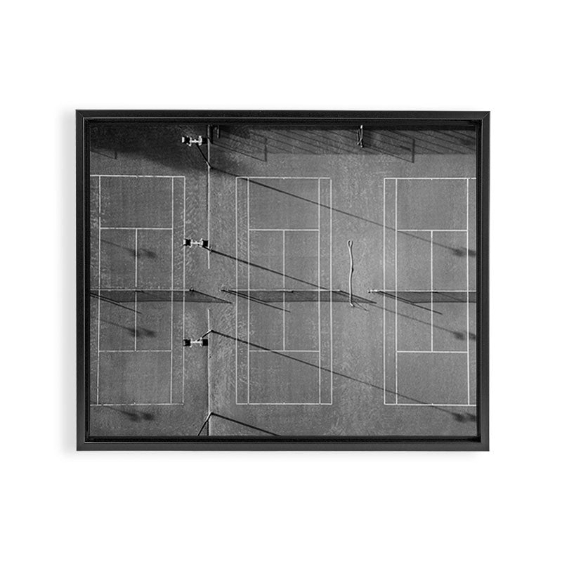 Grey tennis court at sunrise | black and white drone aerial photography art | sports field print Framed Canvas Print Gallery Image 6