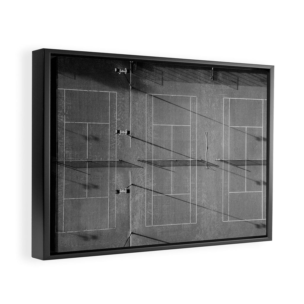 Grey tennis court at sunrise | black and white drone aerial photography art | sports field print Framed Canvas Print Gallery Image 2