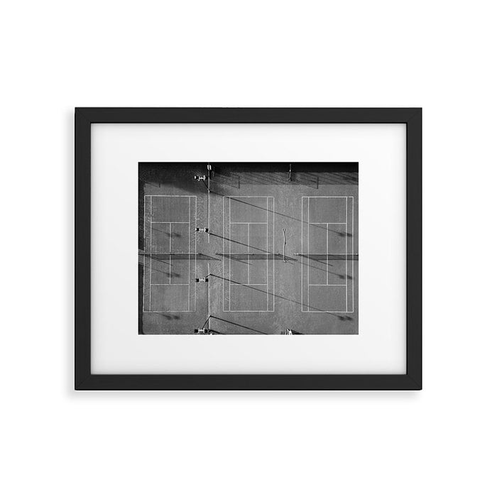Grey tennis court at sunrise | black and white drone aerial photography art | sports field print Framed Art Print Gallery Image 1