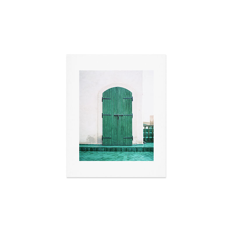 Le Jardin Secret | Turquoise wooden door in Marrakech | Colorful travel photograph wanderlust Art Print Gallery Image 1