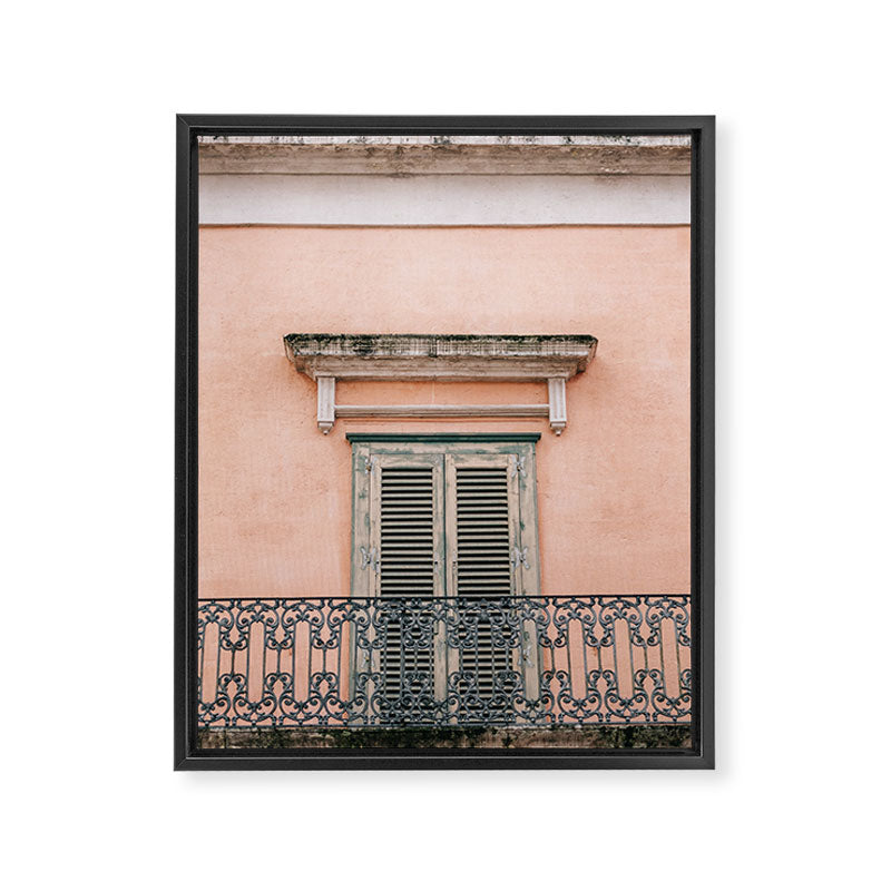 Old doors and balcony on a coral pink background in Italy Framed Canvas Print Gallery Image 6