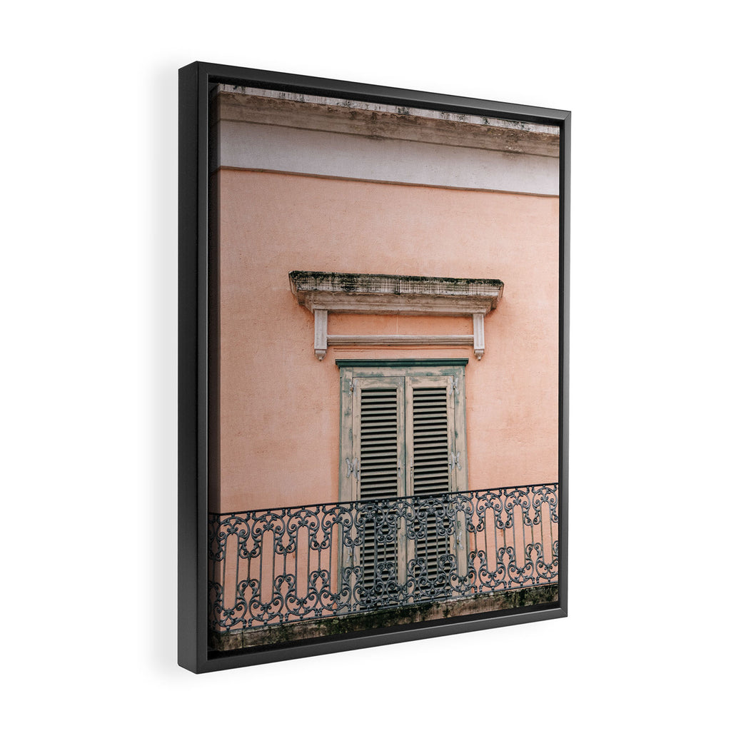 Old doors and balcony on a coral pink background in Italy Framed Canvas Print Gallery Image 2