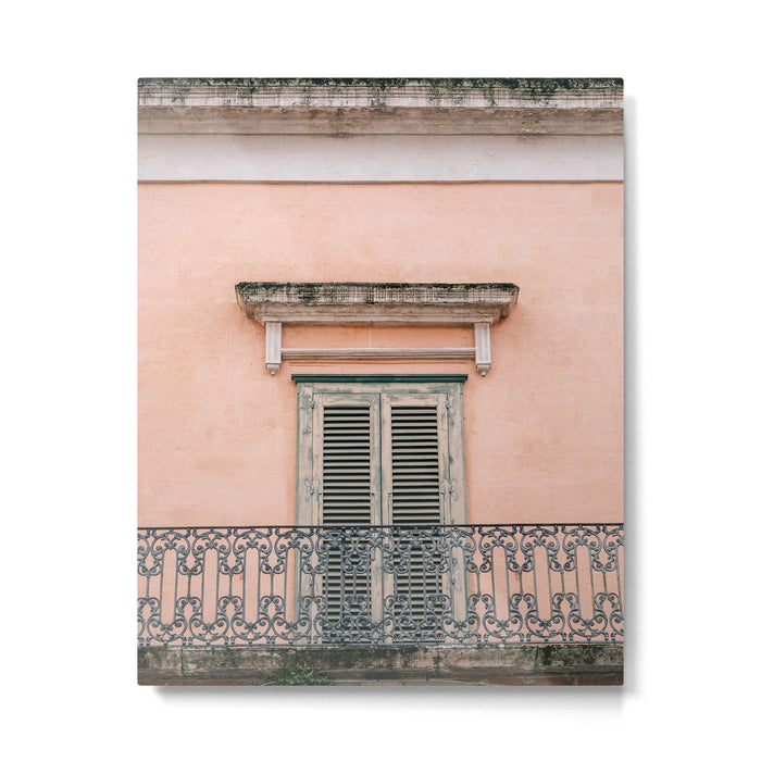 Old doors and balcony on a coral pink background in Italy Metal Print Gallery Image 1
