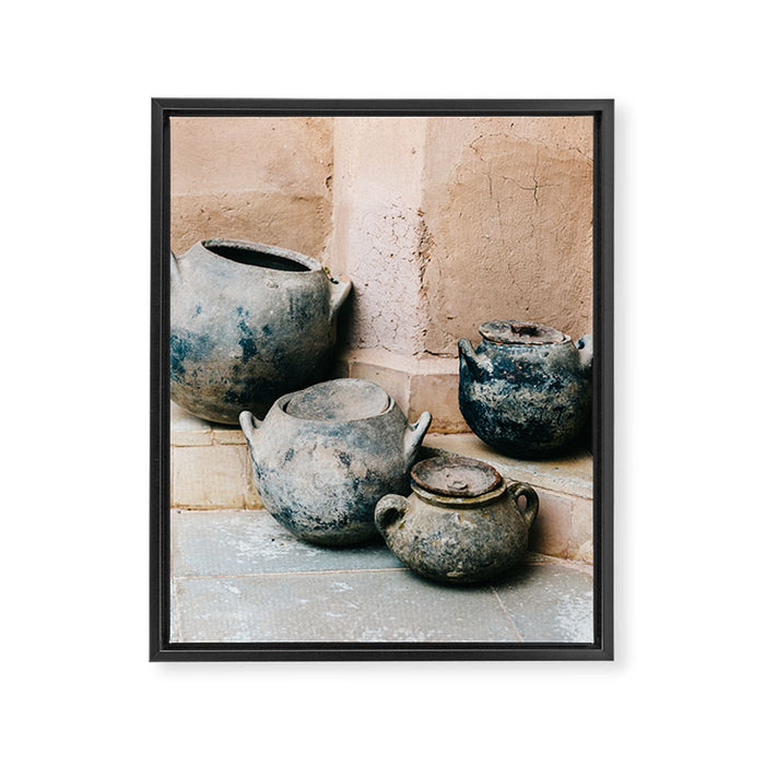 Pottery in earth tones | Ourika Marrakech Morocco | Still life photography Framed Canvas Print Gallery Image 1