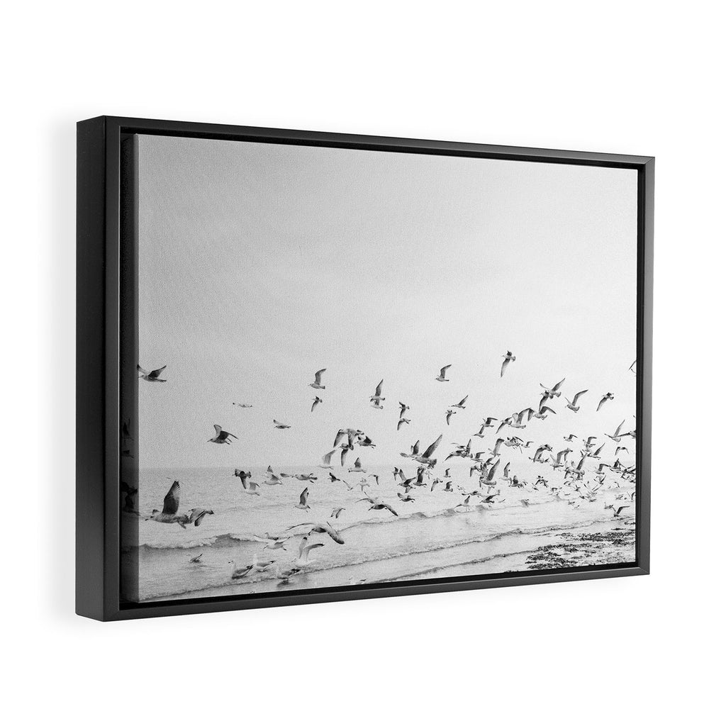 "Seagulls" | Coastal black and white photo | Film photography | Beach Framed Canvas Print Gallery Image 2