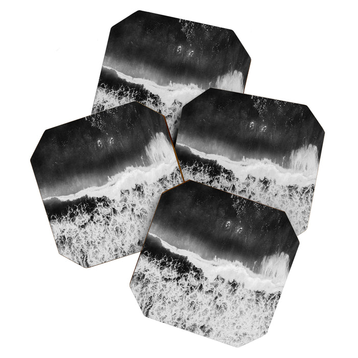 Surfer girls from above in Ericeira Portugal | Ocean wanderlust photography black and white print Coaster Gallery Image 1