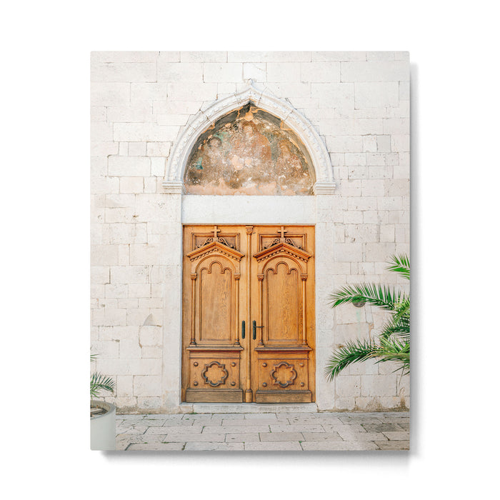 The wooden door of Sibenik Croatia | Fine art travel front door photography print | Pastel tones Metal Print Gallery Image 1