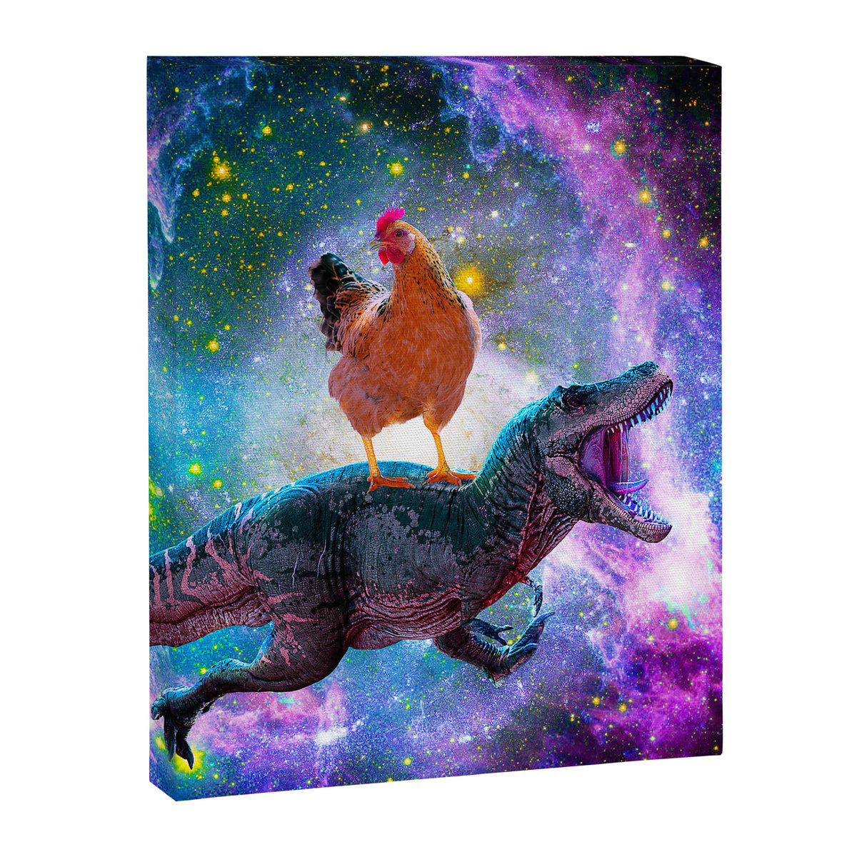 Chicken Riding Dinosaur In Space Canvas Print Gallery Image 6