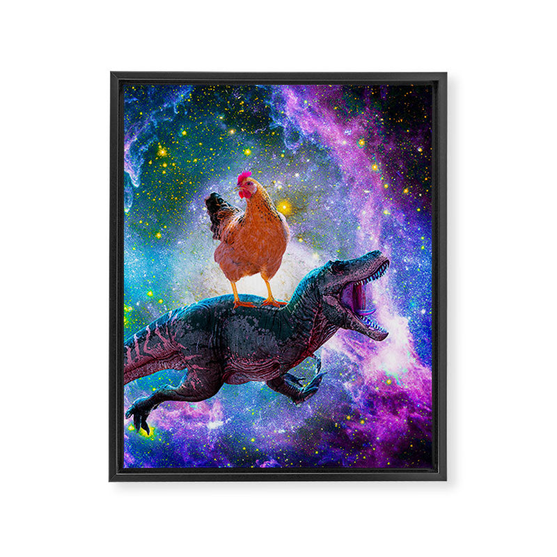 Chicken Riding Dinosaur In Space Framed Canvas Print Gallery Image 6